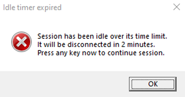Screenshot that shows a warning message that a session has been idle over its time limit.