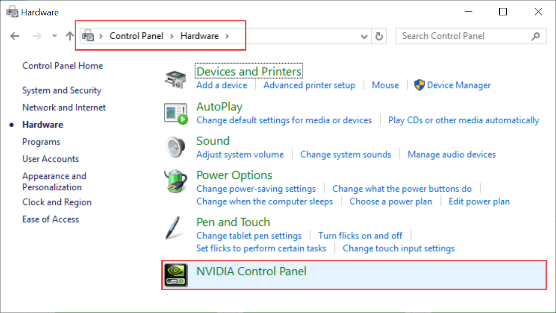 [NVIDIA Control Panel]\(NVIDIA コントロール パネル\) のリンクが示されている Windows コントロール パネルのスクリーンショット。