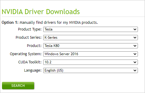 NVIDIA ドライバーのダウンロード ページのスクリーンショット。