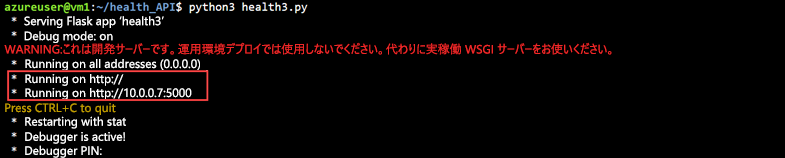 正常性プローブ用 API の実行の出力のスクリーンショット。