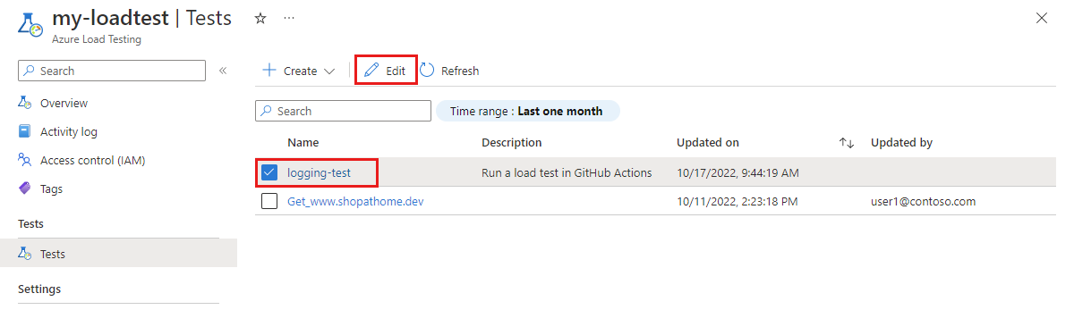Azure portal の Azure ロード テスト リソースのテストの一覧のスクリーンショット。[編集] ボタンが強調表示されている。