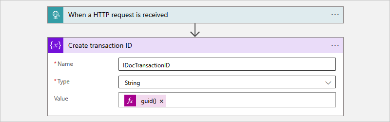 従量課金ワークフローと [Create transaction ID] という名前のアクションを示すスクリーンショット。