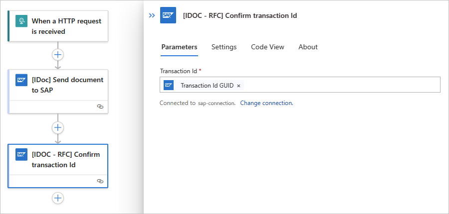 Standard ワークフローと [Confirm transaction ID] (トランザクション ID の確認) という名前のアクションを示すスクリーンショット。前のアクションからの GUID 出力が含まれている。