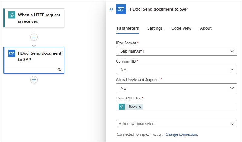 Standard ワークフローの完成した SAP アクションを示すスクリーンショット。