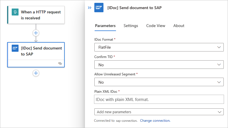 Standard ワークフローと [[IDoc] Send document to SAP] ([IDoc] SAP にドキュメントを送信) という名前のSAP 組み込みアクションを示すスクリーンショット。