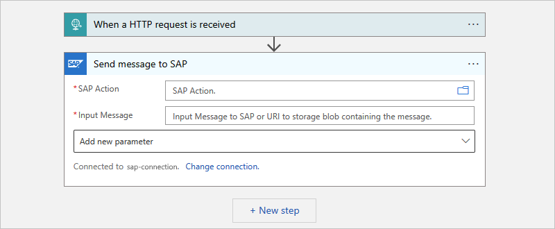 [ Send message to SAP] (SAP にメッセージを送信) という名前の SAP マネージド アクションを含む従量課金ワークフローを示すスクリーンショット。