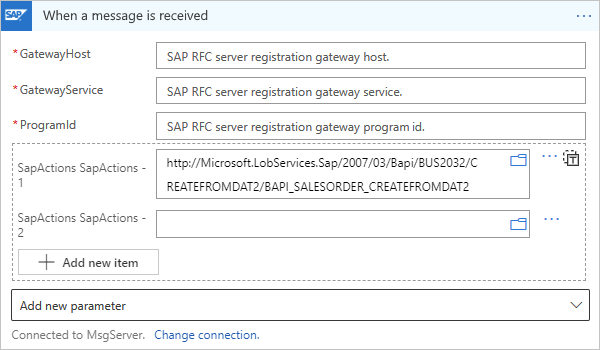 従量課金ワークフローでメッセージをフィルター処理するための SAP アクションの手動選択を示すスクリーンショット。