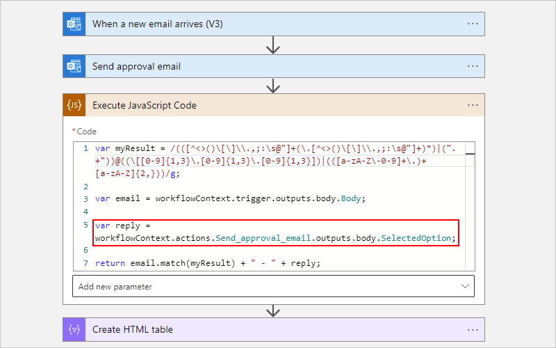 従量課金ワークフローと更新されたサンプル コード スニペットを含む [JavaScript コードの実行] アクションを示すスクリーンショット。