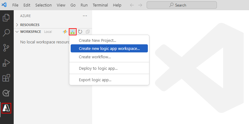 Visual Studio Code、左側のメニューで選択された Azure アイコン、ワークスペース セクション、および [新しいロジック アプリ ワークスペースの作成] の選択されたオプションを示すスクリーンショット。