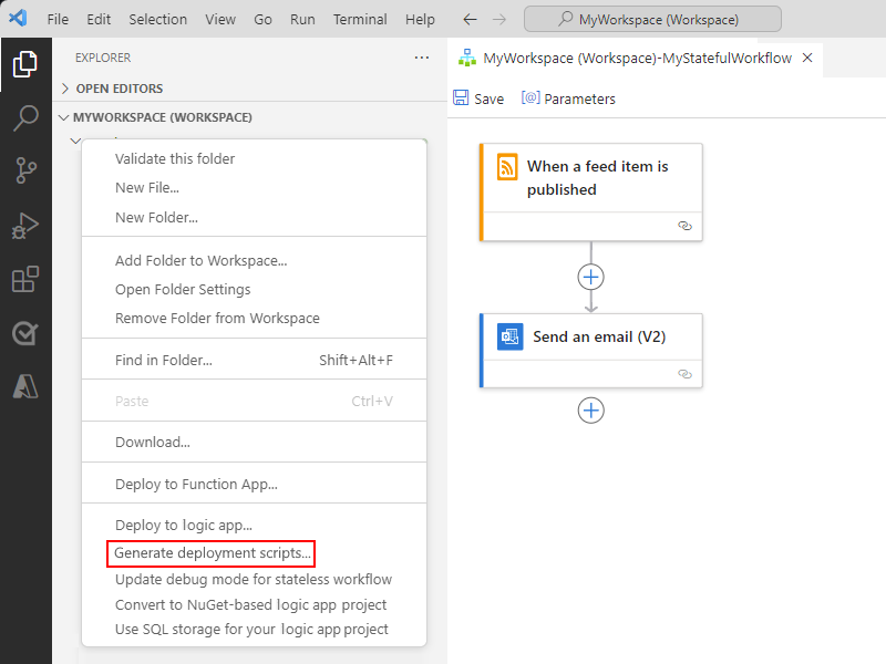 スクリーンショットは、Visual Studio Code、左側のメニューで選択されたエクスプローラー アイコン、ロジック アプリ プロジェクト、開かれたプロジェクト ウィンドウのショートカット メニュー、および [配置スクリプトの生成] の選択されたオプションを示しています。