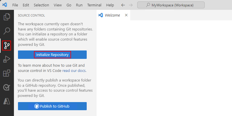 Visual Studio Code、ソース管理ウィンドウ、および [リポジトリの初期化] という名前の選択されたオプションを示すスクリーンショット。