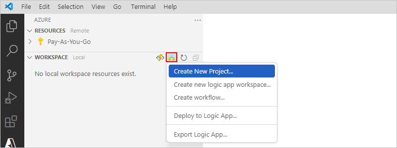 スクリーンショットには、[新規プロジェクトの作成] が選択された状態で、Azure ウィンドウと ワークスペースツール バー、およびAzure Logic Appsメニューが表示されます。