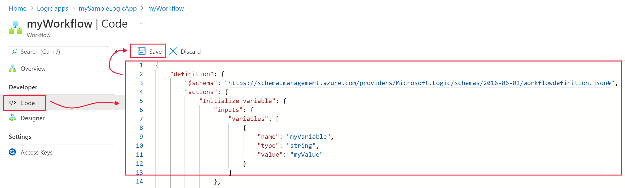 [コード] ビューの Logic Apps ワークフローのスクリーンショット。Azure portal で編集中の JSON ワークフロー定義が示されています。