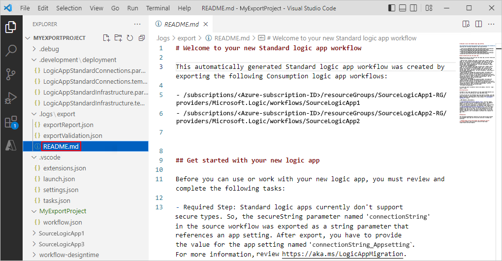 README.md ファイルが開かれた新しい Standard ロジック アプリ プロジェクトを示すスクリーンショット。