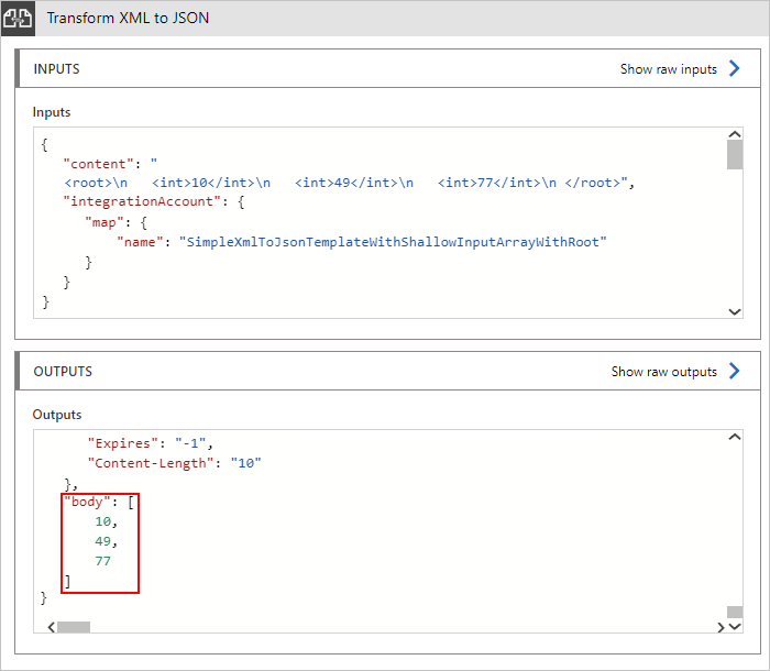 XML から JSON への変換の出力例を示すスクリーンショット。