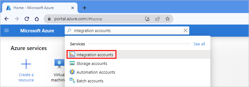 「integration accounts」と入力し、「Integration accounts」が選択された Azure portal 検索ボックスを示すスクリーンショット。