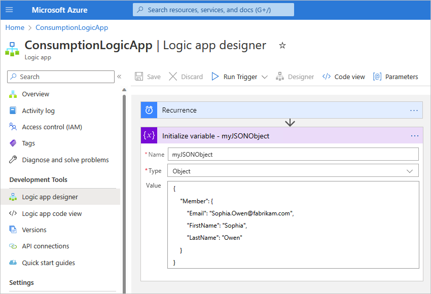 Screenshot showing the Azure portal and the designer with a sample Consumption workflow for the 