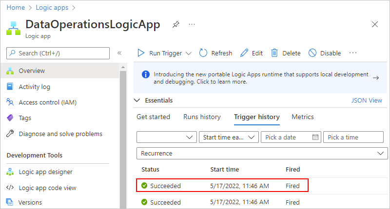 Screenshot shows Consumption workflow trigger entry selected.