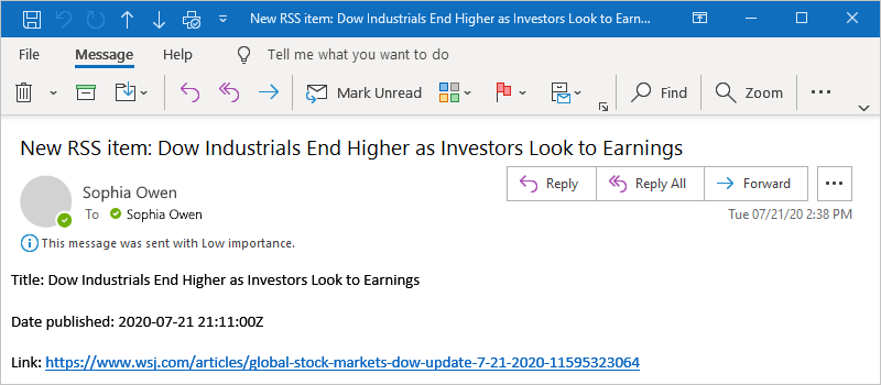 Screenshot showing Outlook and a sample email received for a new RSS feed item, along with item title, date published, and link.