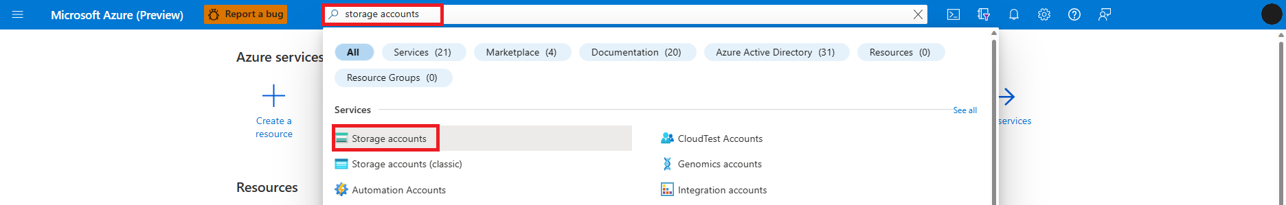 Microsoft Azure portal のストレージ アカウント サービスの検索と選択を示すスクリーンショット (拡大可)。