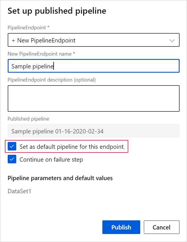 [Set as default pipeline for this endpoint](このエンドポイントの規定のパイプラインとして設定) にチェックマークが付いた [Set up published pipeline](発行済みパイプラインの設定) のスクリーンショット。