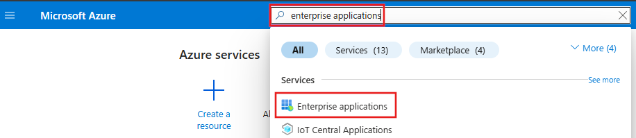 'エンタープライズ アプリケーション' を検索している Azure portal の検索フィールドのスクリーンショット。