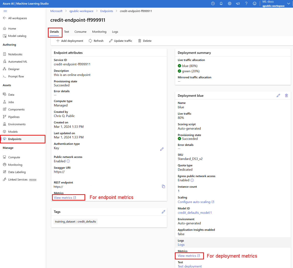 Screenshot showing links on the endpoint details page to view online endpoint and deployment metrics.