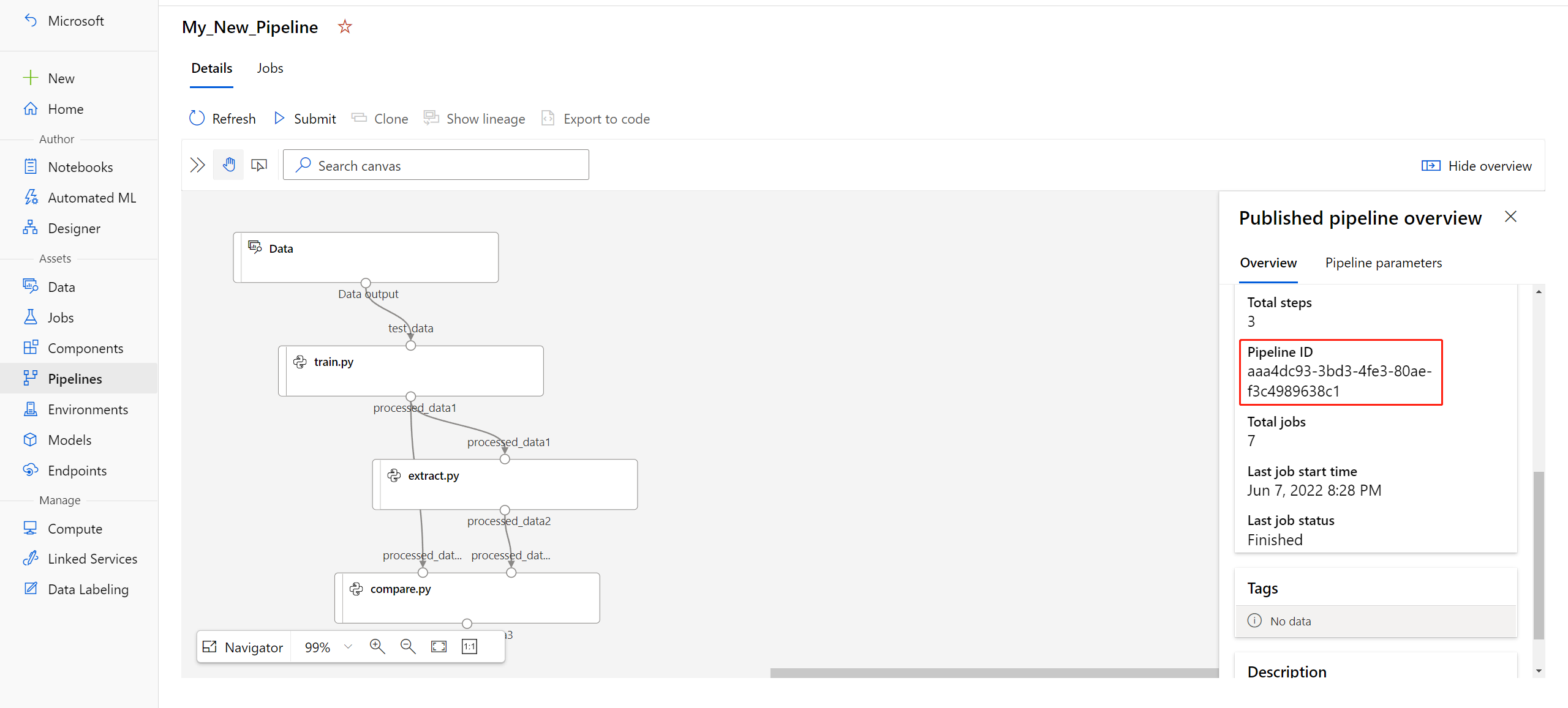 Screenshot showing published pipeline detail.