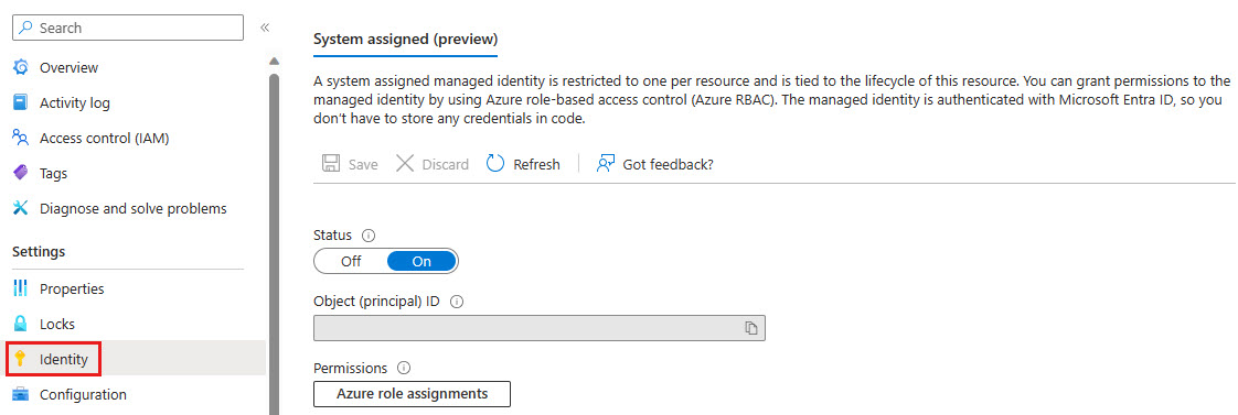 Screenshot of the Azure portal. Updating the system-assigned managed identity. Basics.