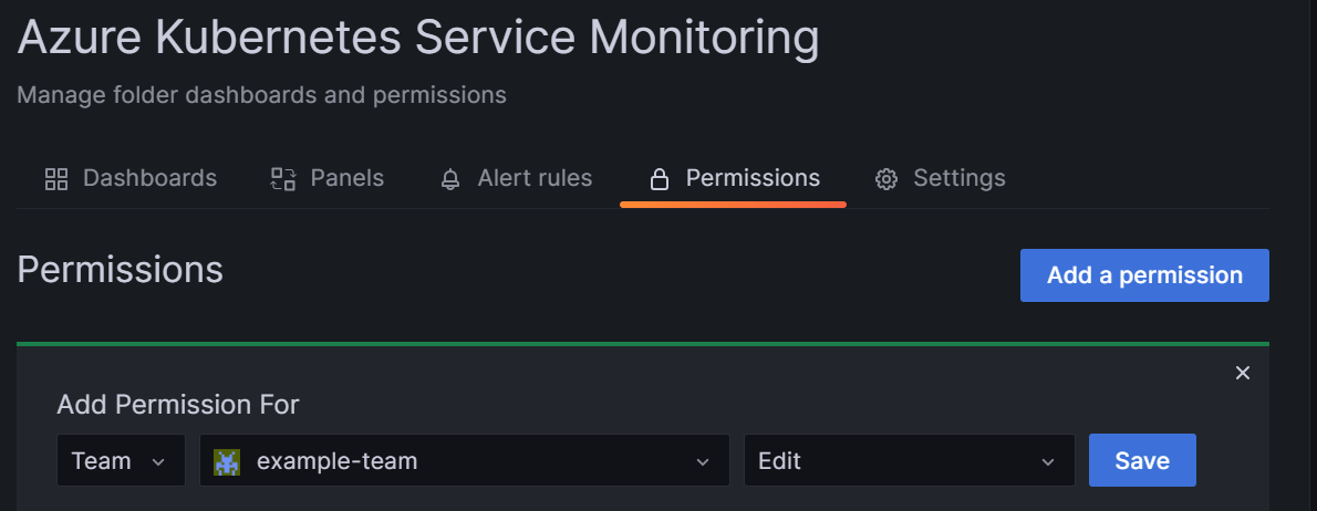 Grafana フォルダーにチームのアクセス許可を追加する Grafana UI のスクリーンショット。