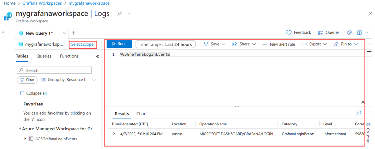 Screenshot of the Azure platform. Log query editing.