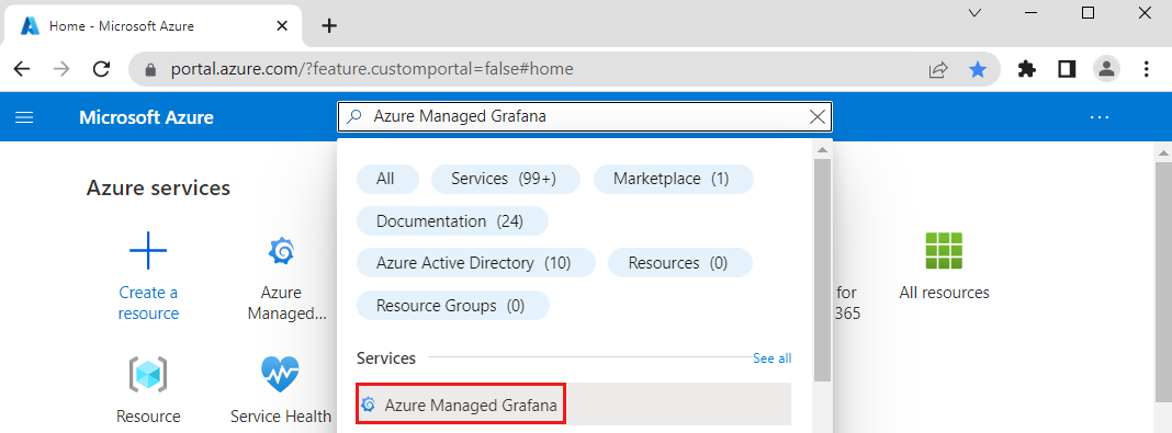 Azure プラットフォームのスクリーンショット。マーケットプレースで Azure Managed Grafana を検索します。