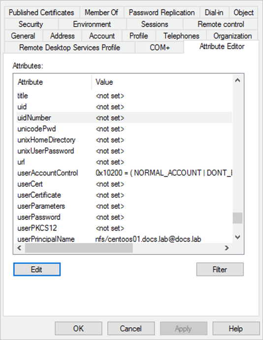 Active Directory の属性エディター