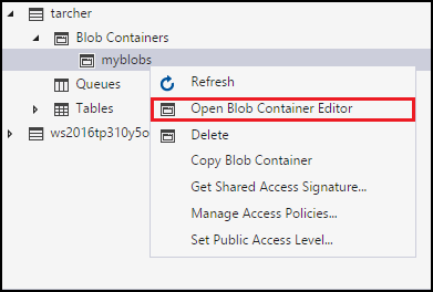 Open blob container editor context menu