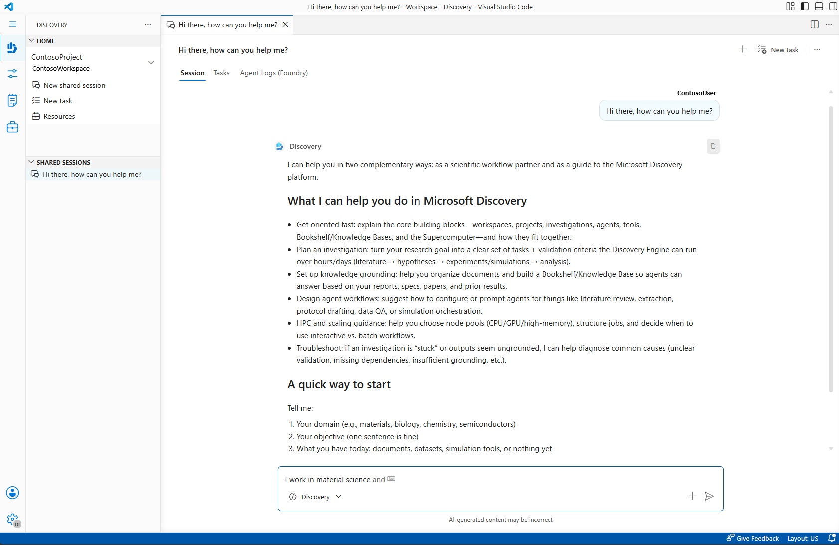 Microsoft Discovery 共有セッションのチャット インターフェイスを示すスクリーンショット。