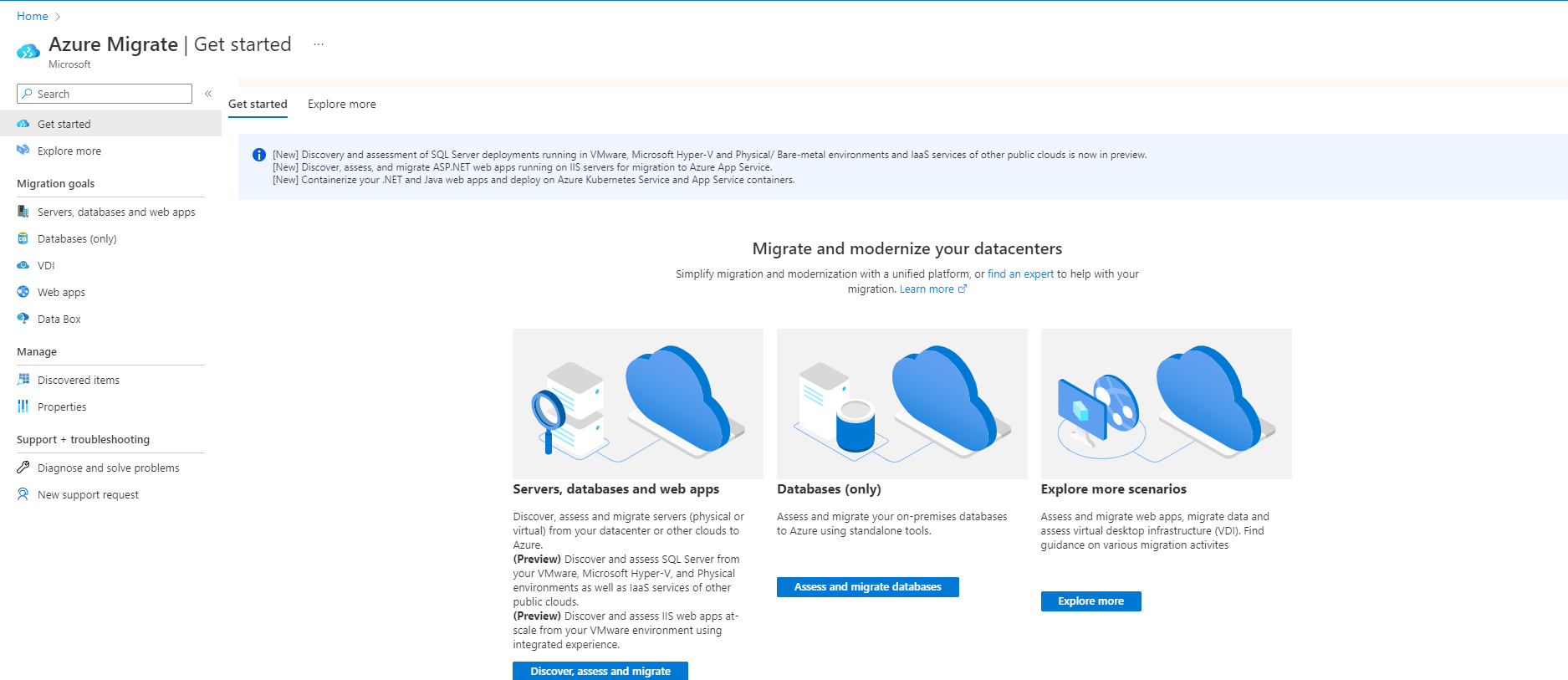 Azure Migrate の [はじめに] 画面のスクリーンショット。