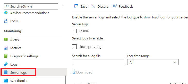 Screenshot showing Azure Database for MySQL flexible server Server Logs.