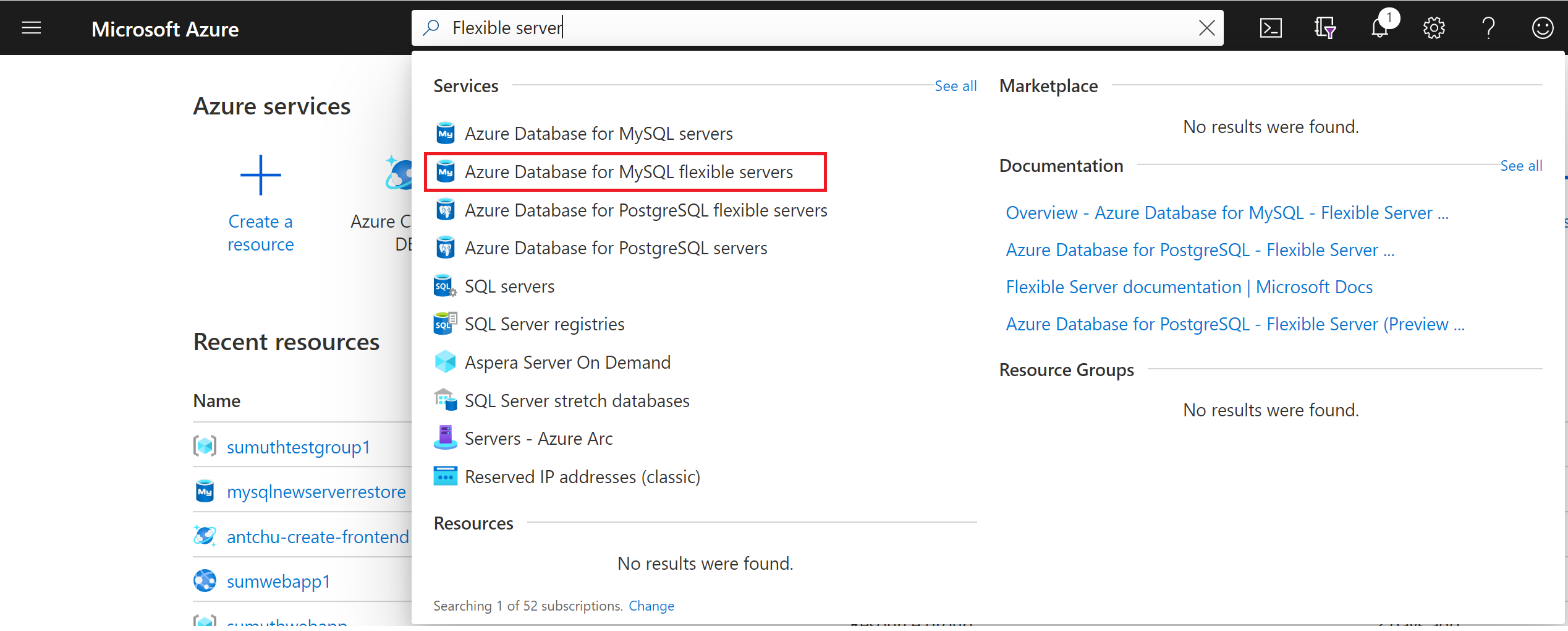 [Azure Database for MySQL サーバー] の検索を示すスクリーンショット。