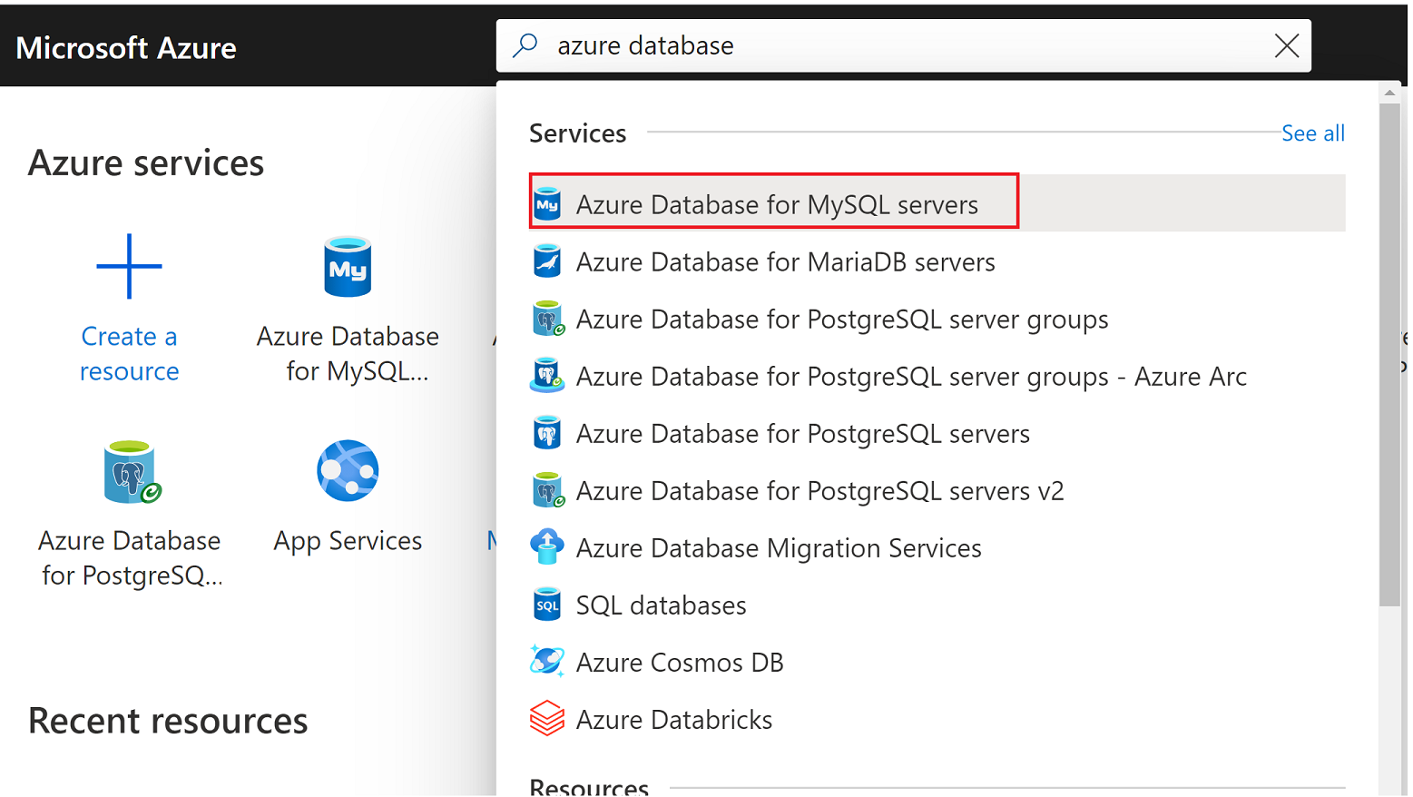 [Azure Database for MySQL サーバー] の検索を示すスクリーンショット。