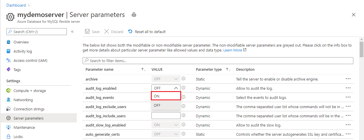 Screenshot showing the 'audit_log_enabled' parameter switched to 'ON'.