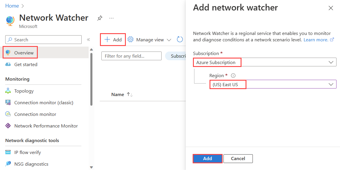 Azure portal で Network Watcher を作成する方法を示すスクリーンショット。