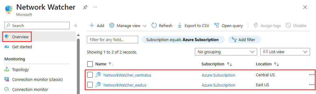 Azure portal でサブスクリプションのすべての Network Watcher インスタンスを一覧表示する方法を示すスクリーンショット。
