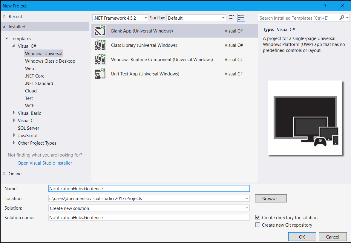 [Blank App (Universal Windows)]\(空白のアプリ (ユニバーサル Windows)\) Visual C# オプションが強調表示された、Visual Studio の [新しいプロジェクト] ダイアログ ボックスのスクリーンショット。