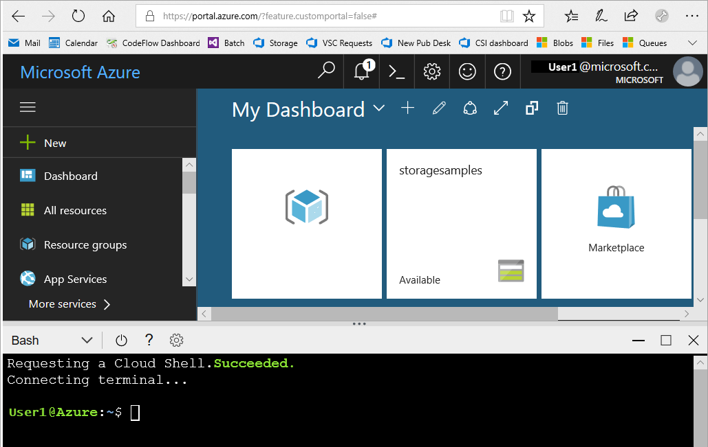 ポータルに Cloud Shell のウィンドウが表示されるスクリーンショット