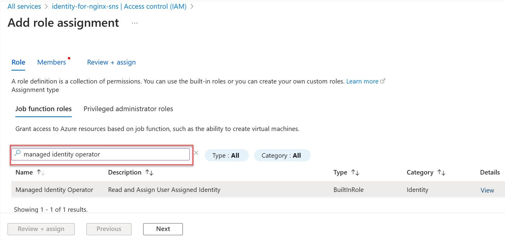マネージド ID オペレーターが選択されたロールの割り当ての追加を示すスクリーンショット。