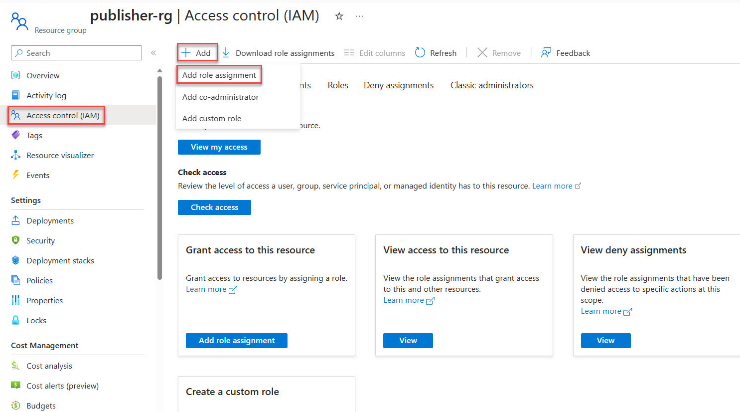 発行元リソース グループのロールの割り当ての追加を示すスクリーンショット。