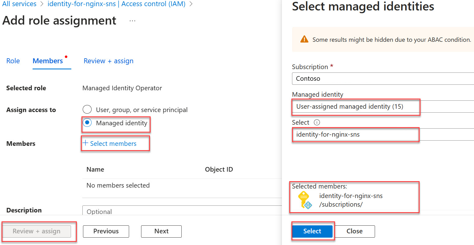ユーザー割り当てマネージド ID を指定したマネージド ID の選択を示すスクリーンショット。