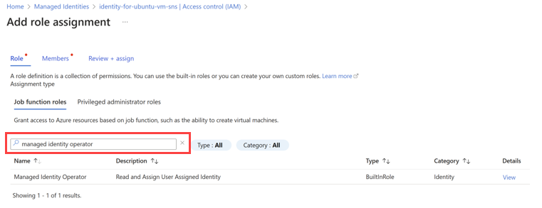 マネージド ID オペレーター ロールを示すスクリーンショット。