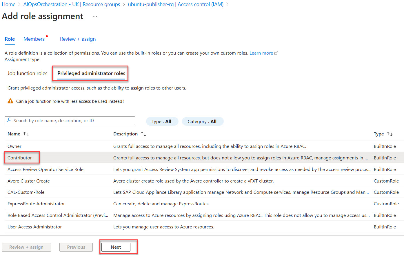 共同作成者が選択されている特権管理者ロールを示すスクリーンショット。