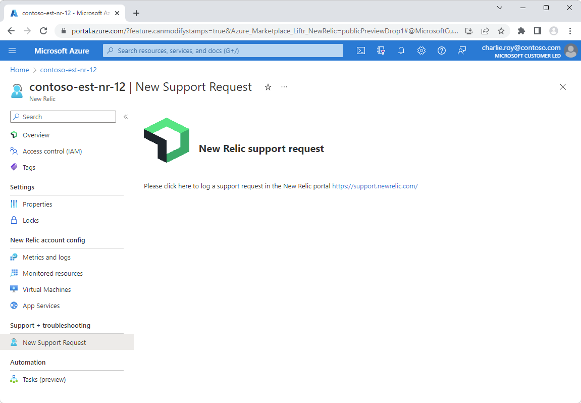 Screenshot that shows the pane for a New Relic support request.